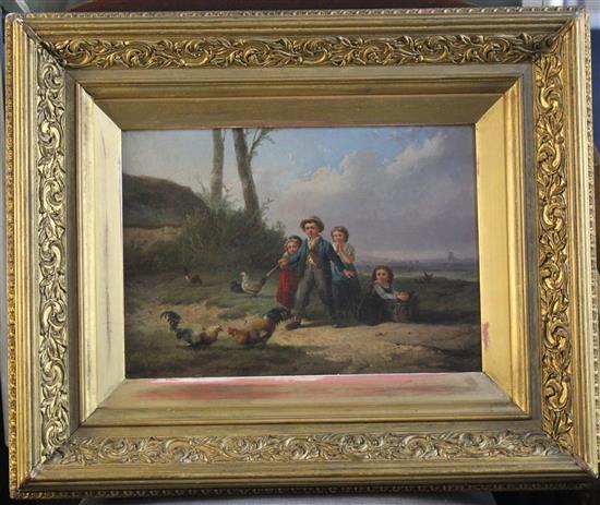 Robert Favelle (French, 1820-1886) Children dancing and chasing chickens, 9.5 x 13.75in.